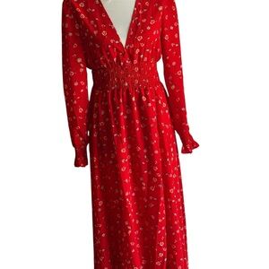 SHEIN Red Floral Long Sleeve V-Neck Boho Style Maxi Dress SZ XL
